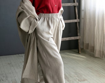 Natural Linen Culottes, Cozy Wide Linen Pants, Loose Summer Palazzo Trousers, Maxi Spring Boho Casual, With Pockets, High Waist Split Skirt