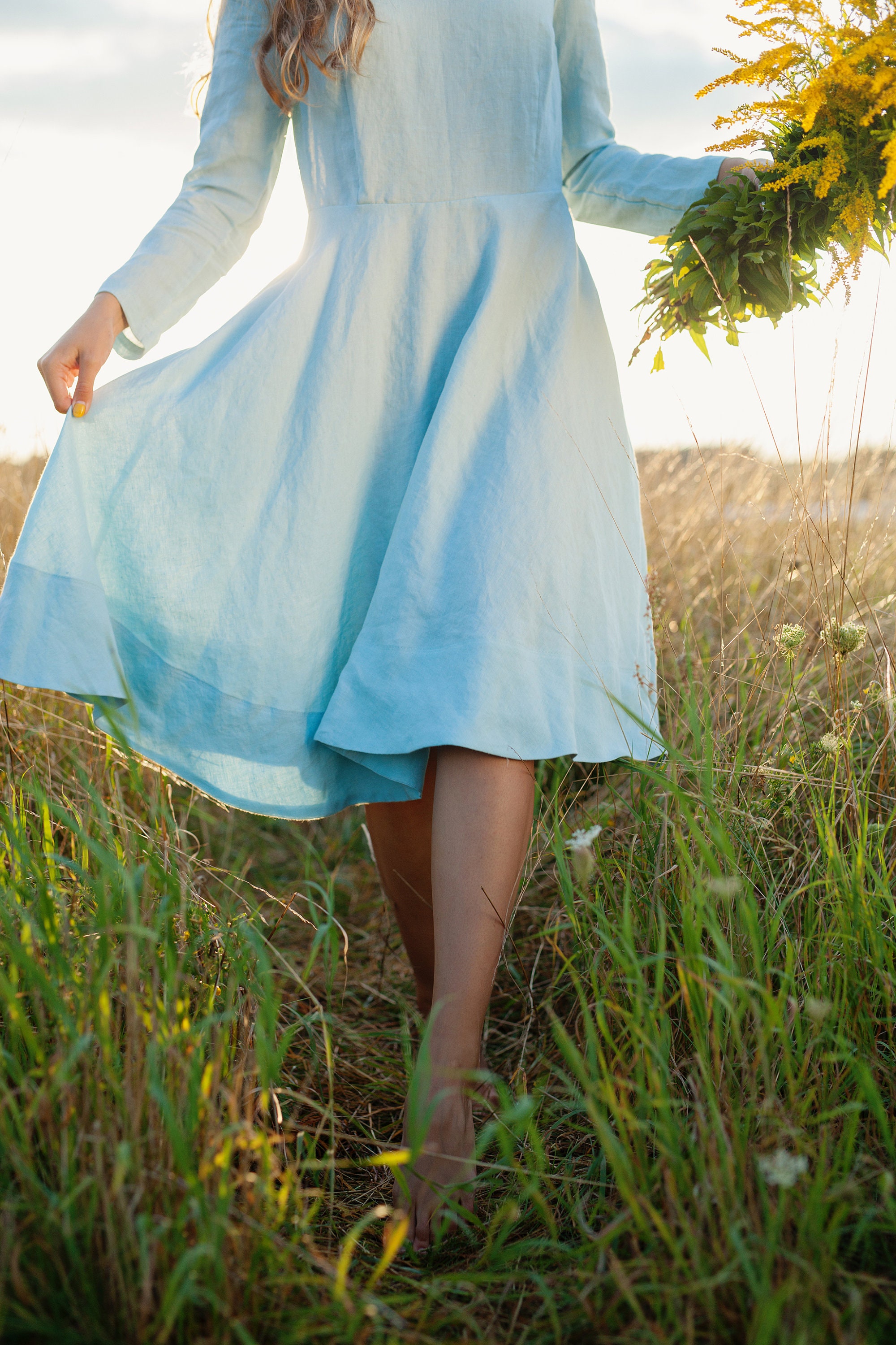 knee length summer dresses A-line knee-length dress for women in blue floral print; casual Заказать Elley Duhé Официальный Sleeve Length:33 BFBMD5060