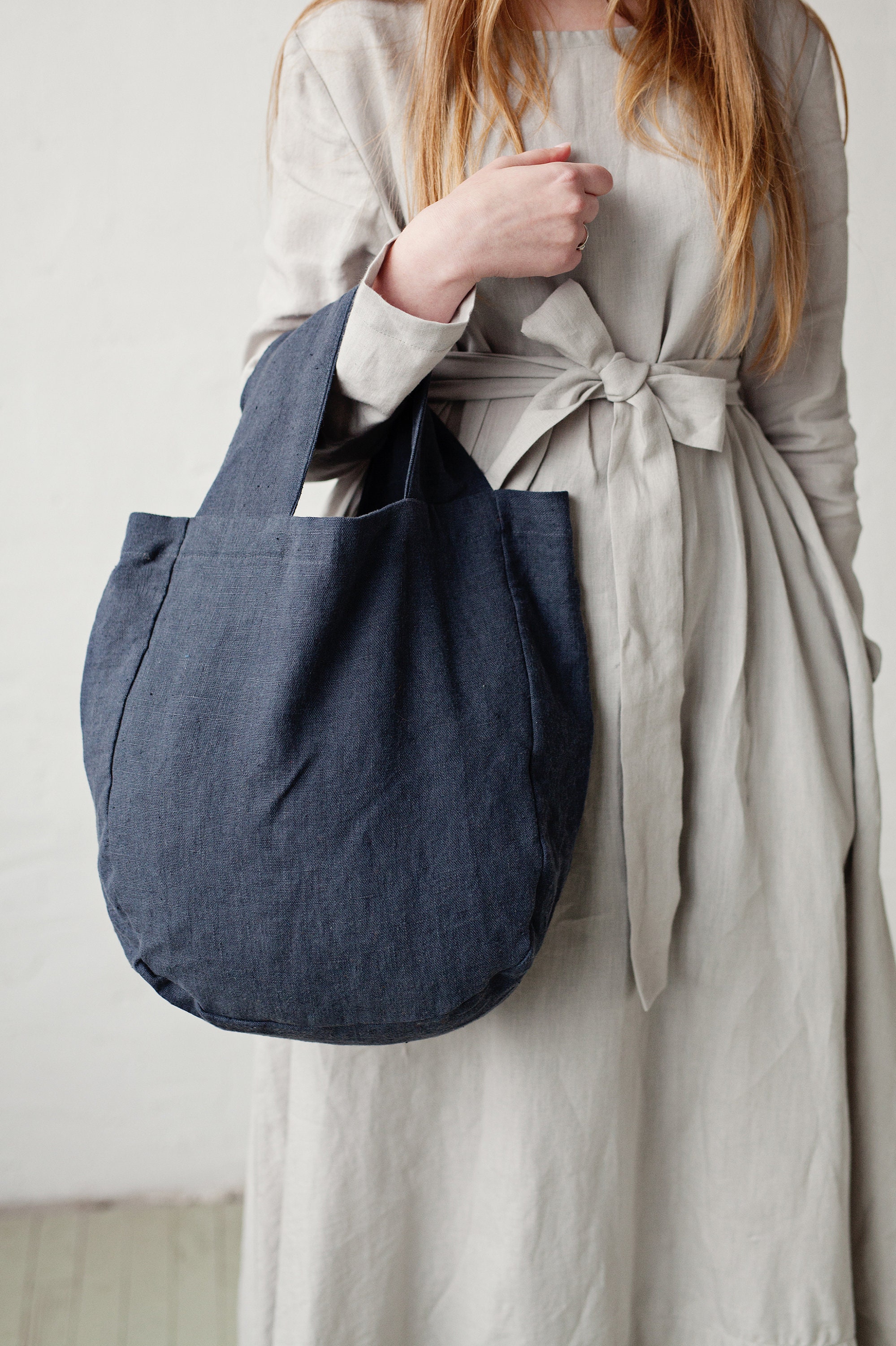 Blue-gray Linen Bag Small Round Bag Linen Shoulder Bag - Etsy