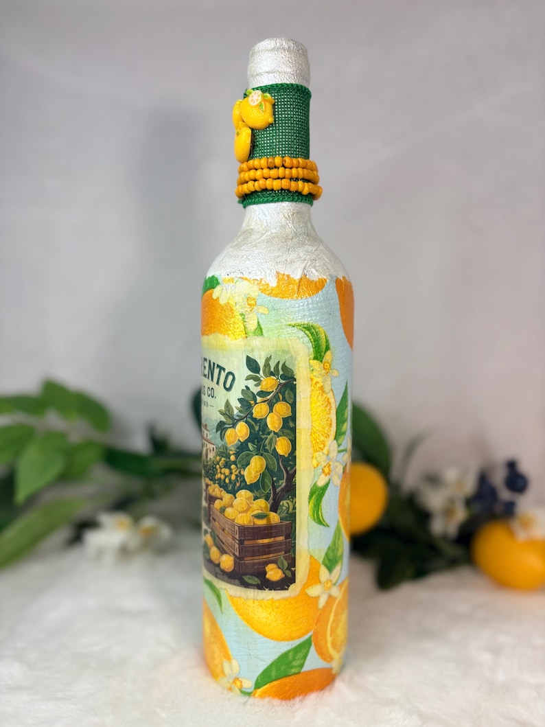 Decoupage Wine Bottle: Amalfi Coast Italian Art, Limoncello, Positano, Sorrento, Aperitivo Spritz, Island of Capri Home Decor, Vase image 19