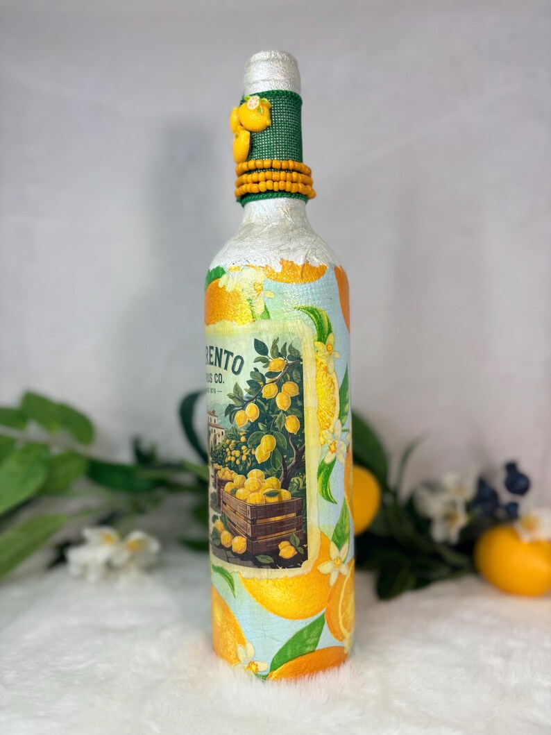 Decoupage Wine Bottle: Amalfi Coast Italian Art, Limoncello, Positano, Sorrento, Aperitivo Spritz, Island of Capri Home Decor, Vase image 18