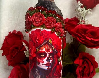Decoupage Wine Bottle: Goth Sugar Skull, Red Glitter Roses, Dia Muertos Home Décor, Vase, Rhinestone Wine Bottle, Dia de los Muerto Decor