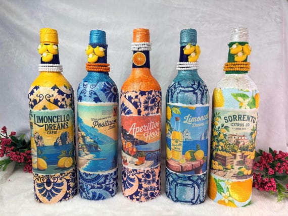 Decoupage Wine Bottle: Amalfi Coast Italian Art, Limoncello, Positano, Sorrento, Aperitivo Spritz, Island of Capri Home Decor, Vase