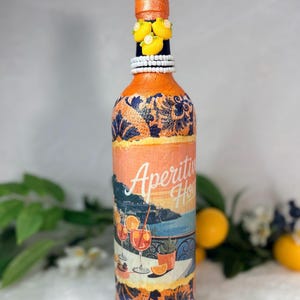 Decoupage Wine Bottle: Amalfi Coast Italian Art, Limoncello, Positano, Sorrento, Aperitivo Spritz, Island of Capri Home Decor, Vase Aperitivo Hour
