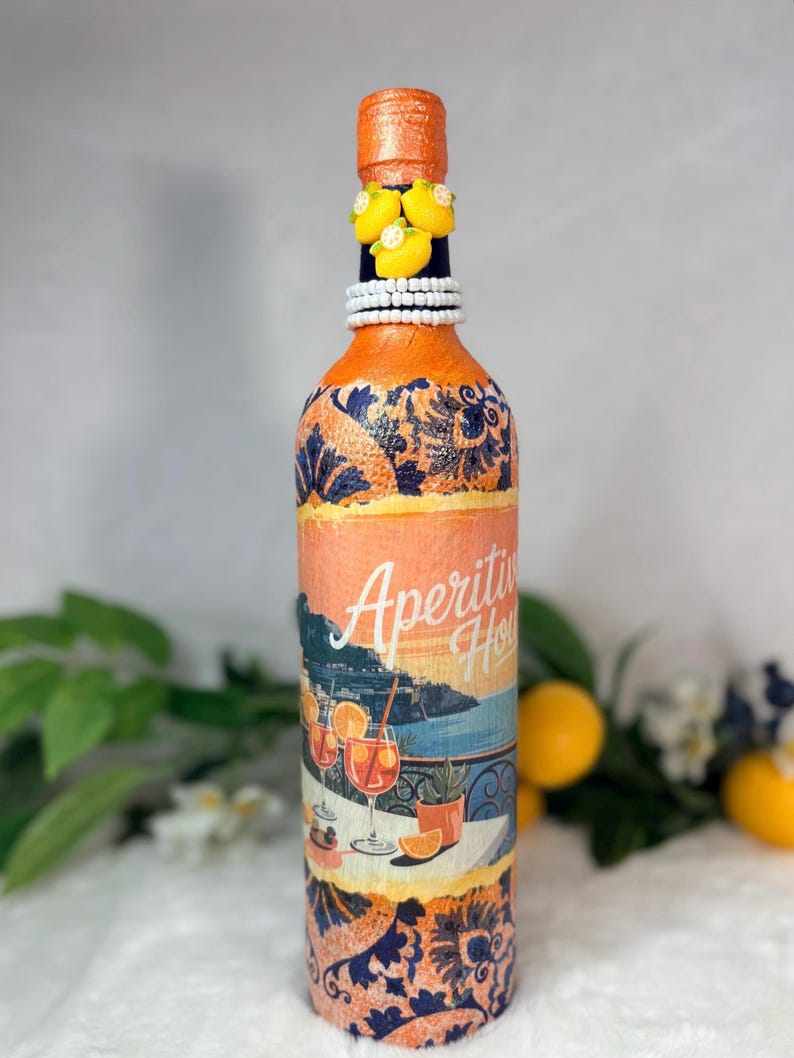 Decoupage Wine Bottle: Amalfi Coast Italian Art, Limoncello, Positano, Sorrento, Aperitivo Spritz, Island of Capri Home Decor, Vase Aperitivo Hour