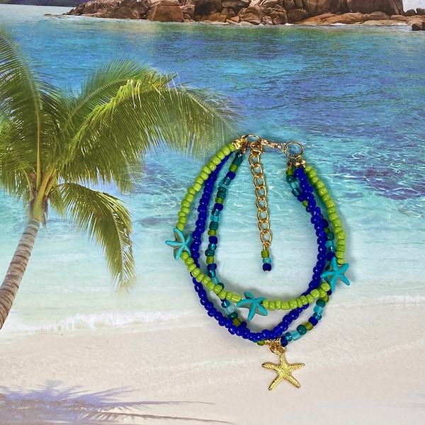 Triple and Double Turquoise Starfish Anklet, Multi Blue Ankle Bracelet, Gold Starfish Tropical Beach and Surf Ankle Bracelet -Boho Jewelry