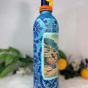 Decoupage Wine Bottle: Amalfi Coast Italian Art, Limoncello, Positano, Sorrento, Aperitivo Spritz, Island of Capri Home Decor, Vase image 7
