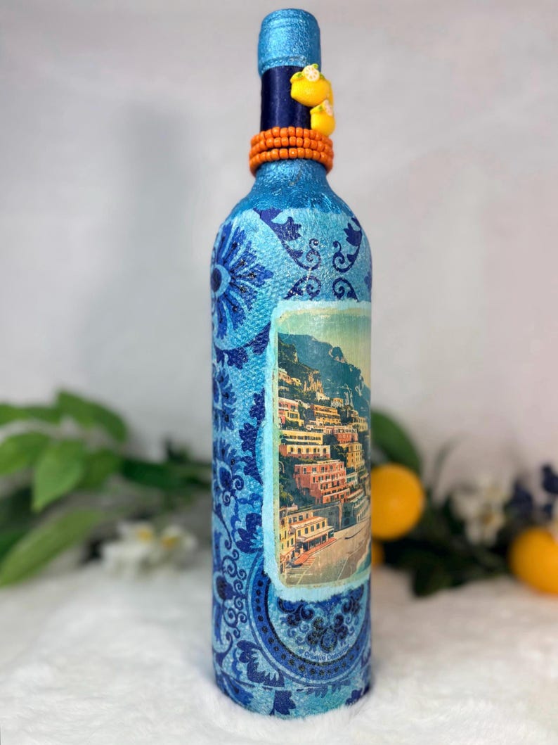 Decoupage Wine Bottle: Amalfi Coast Italian Art, Limoncello, Positano, Sorrento, Aperitivo Spritz, Island of Capri Home Decor, Vase image 7