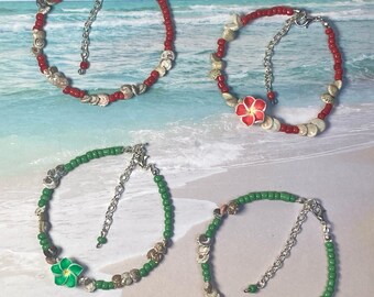 Hibiscus Tropical Ankle Bracelet with Miniature Spiral Shell Ankle Bracelet, Shell and Flower Anklet, Boho Jewelry, Surf and Beach Anklet