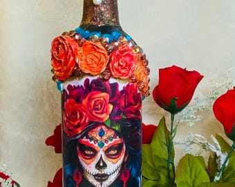 Decoupage Wine Bottle: Goth Sugar Skull, Roses, Dia de los Muertos Bar Decor, Day of the Dead Home Decor