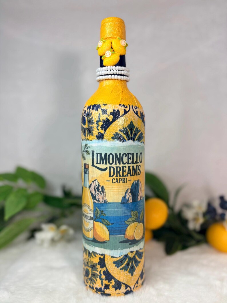 Decoupage Wine Bottle: Amalfi Coast Italian Art, Limoncello, Positano, Sorrento, Aperitivo Spritz, Island of Capri Home Decor, Vase Limoncello Dreams