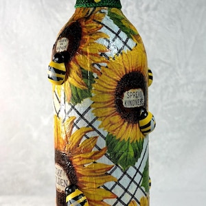 Decoupage Wine Bottle: Sunflower Wine Bottle Decor with Bumblebee Accent,Rustic Country Farmhouse Decor, Spread Kindness, Floral Bottle,Vase