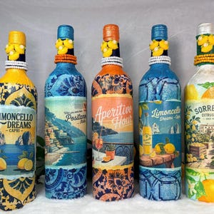 Decoupage Wine Bottle: Amalfi Coast Italian Art, Limoncello, Positano, Sorrento, Aperitivo Spritz, Island of Capri Home Decor, Vase image 1