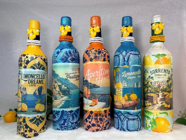 Decoupage Wine Bottle: Amalfi Coast Italian Art, Limoncello, Positano, Sorrento, Aperitivo Spritz, Island of Capri Home Decor, Vase image 1