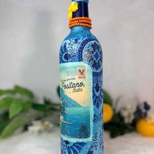 Decoupage Wine Bottle: Amalfi Coast Italian Art, Limoncello, Positano, Sorrento, Aperitivo Spritz, Island of Capri Home Decor, Vase image 8