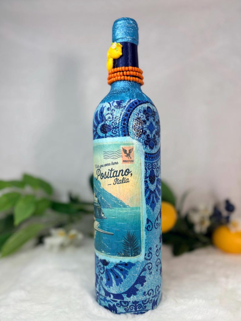 Decoupage Wine Bottle: Amalfi Coast Italian Art, Limoncello, Positano, Sorrento, Aperitivo Spritz, Island of Capri Home Decor, Vase image 8