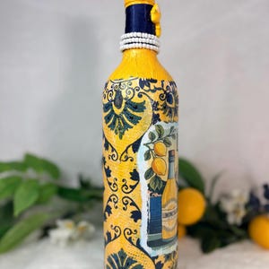 Decoupage Wine Bottle: Amalfi Coast Italian Art, Limoncello, Positano, Sorrento, Aperitivo Spritz, Island of Capri Home Decor, Vase image 3