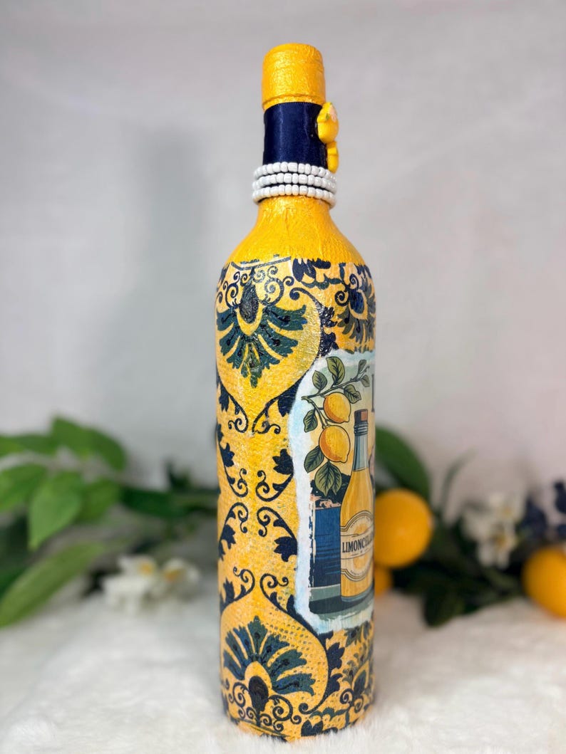 Decoupage Wine Bottle: Amalfi Coast Italian Art, Limoncello, Positano, Sorrento, Aperitivo Spritz, Island of Capri Home Decor, Vase image 3