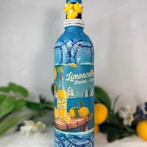 Decoupage Wine Bottle: Amalfi Coast Italian Art, Limoncello, Positano, Sorrento, Aperitivo Spritz, Island of Capri Home Decor, Vase Teal Limoncel Dreams