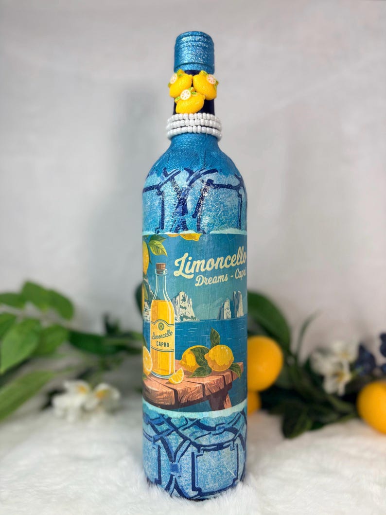 Decoupage Wine Bottle: Amalfi Coast Italian Art, Limoncello, Positano, Sorrento, Aperitivo Spritz, Island of Capri Home Decor, Vase Teal Limoncel Dreams