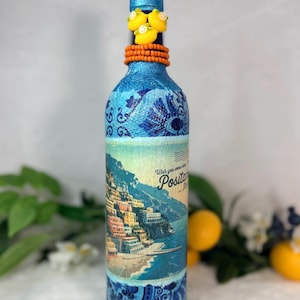 Decoupage Wine Bottle: Amalfi Coast Italian Art, Limoncello, Positano, Sorrento, Aperitivo Spritz, Island of Capri Home Decor, Vase Positano
