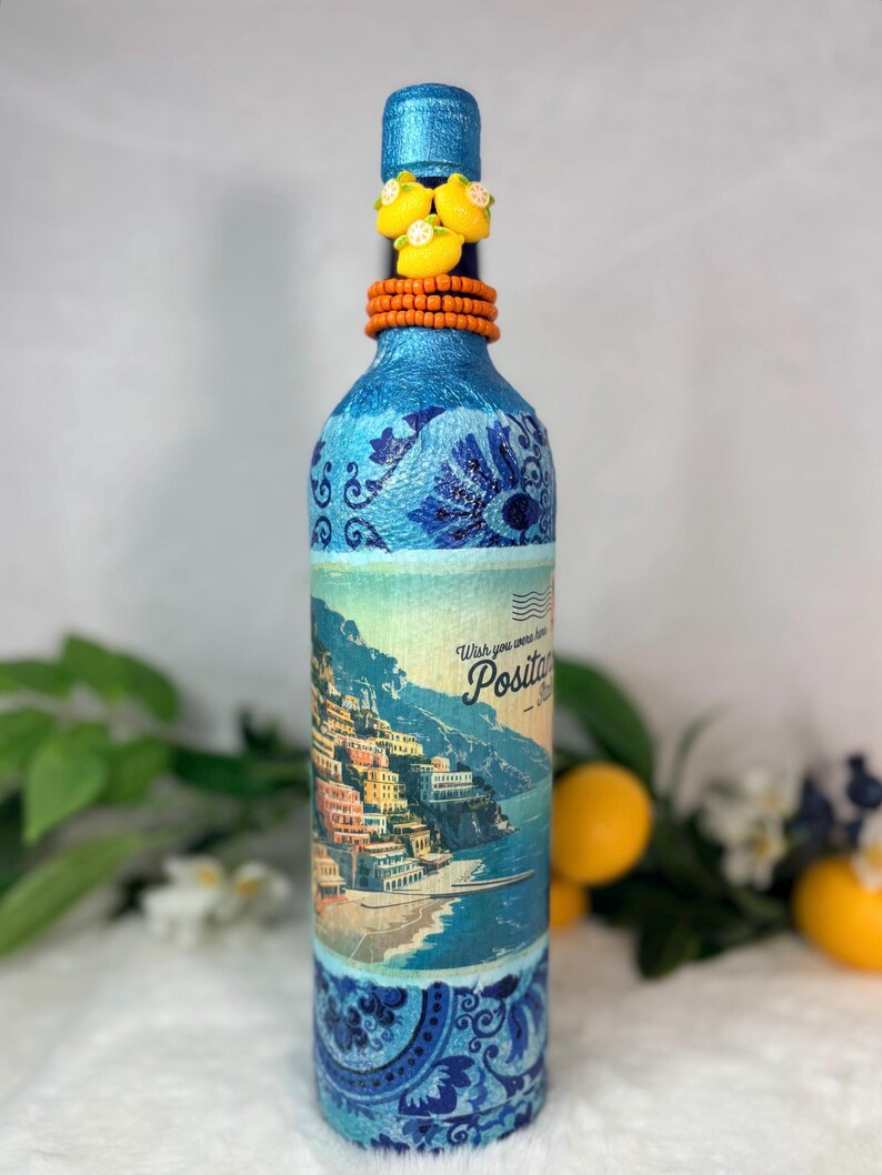 Decoupage Wine Bottle: Amalfi Coast Italian Art, Limoncello, Positano, Sorrento, Aperitivo Spritz, Island of Capri Home Decor, Vase Positano