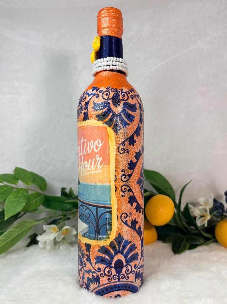 Decoupage Wine Bottle: Amalfi Coast Italian Art, Limoncello, Positano, Sorrento, Aperitivo Spritz, Island of Capri Home Decor, Vase image 12