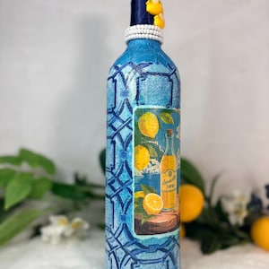Decoupage Wine Bottle: Amalfi Coast Italian Art, Limoncello, Positano, Sorrento, Aperitivo Spritz, Island of Capri Home Decor, Vase image 15