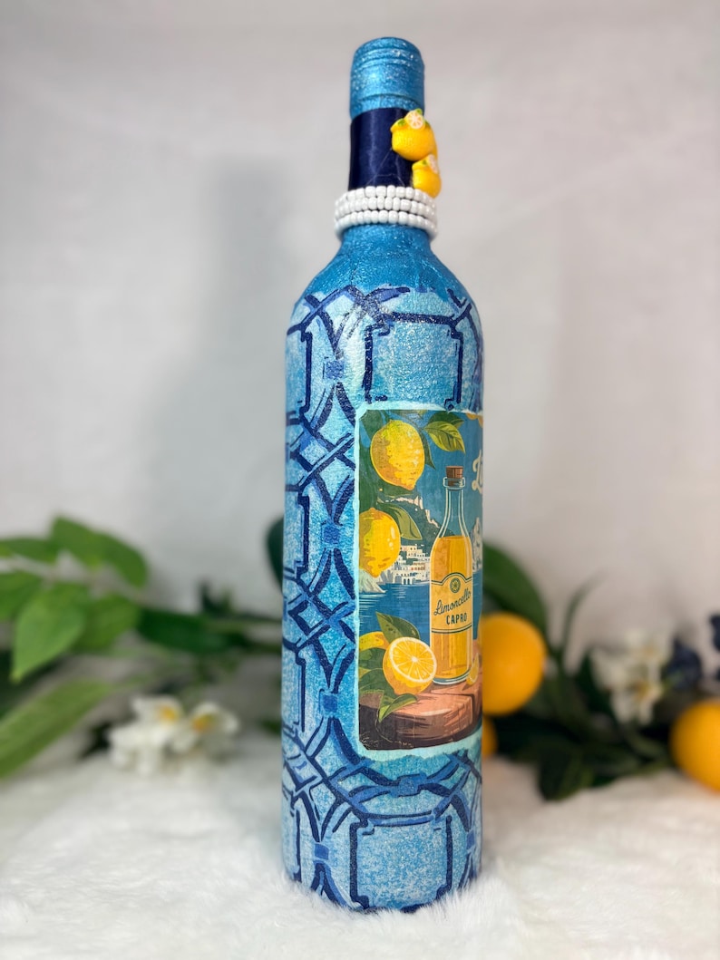 Decoupage Wine Bottle: Amalfi Coast Italian Art, Limoncello, Positano, Sorrento, Aperitivo Spritz, Island of Capri Home Decor, Vase image 15