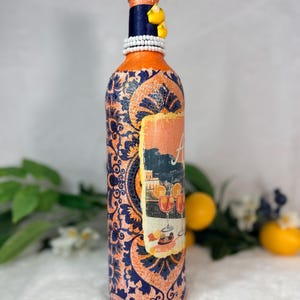 Decoupage Wine Bottle: Amalfi Coast Italian Art, Limoncello, Positano, Sorrento, Aperitivo Spritz, Island of Capri Home Decor, Vase image 11