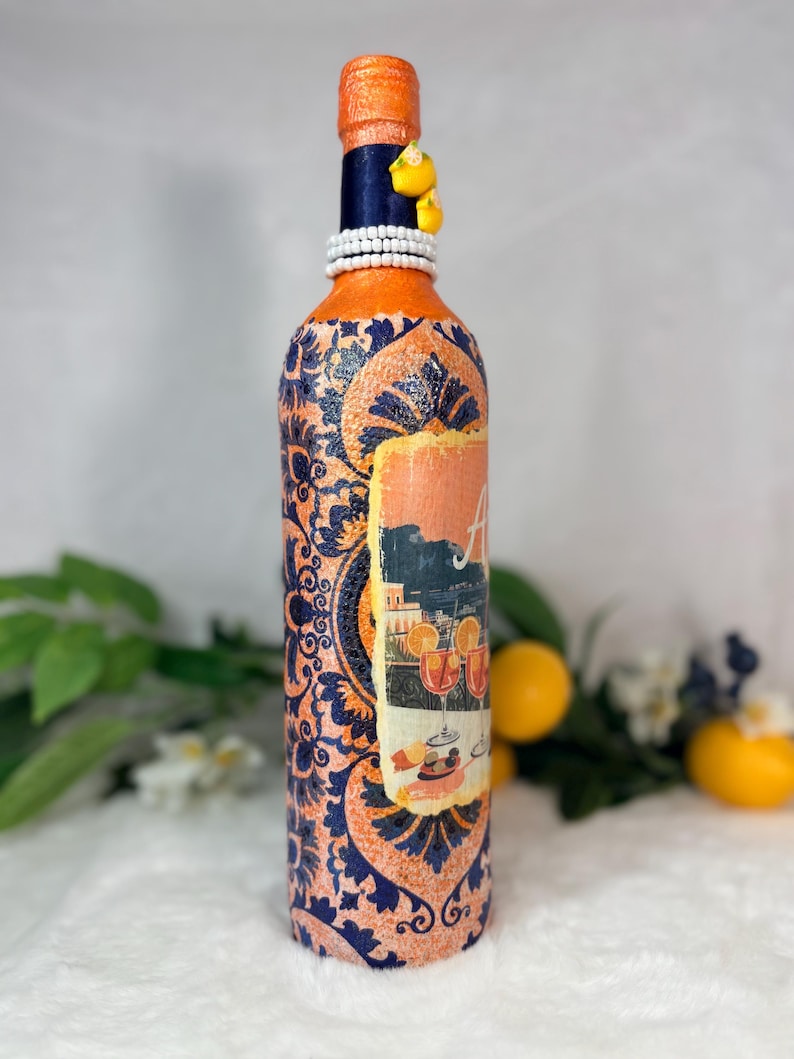 Decoupage Wine Bottle: Amalfi Coast Italian Art, Limoncello, Positano, Sorrento, Aperitivo Spritz, Island of Capri Home Decor, Vase image 11
