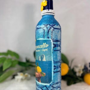 Decoupage Wine Bottle: Amalfi Coast Italian Art, Limoncello, Positano, Sorrento, Aperitivo Spritz, Island of Capri Home Decor, Vase image 16