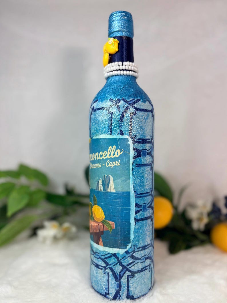 Decoupage Wine Bottle: Amalfi Coast Italian Art, Limoncello, Positano, Sorrento, Aperitivo Spritz, Island of Capri Home Decor, Vase image 16
