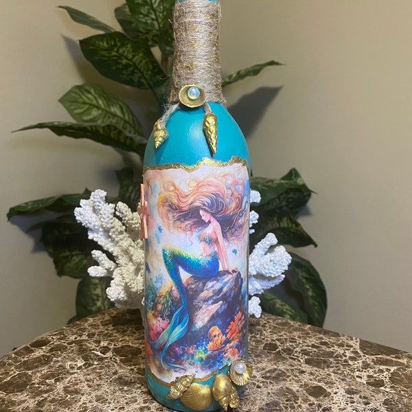 Mermaid Wine Bottle, Nautical Decor, Beach Decor, Coastal Decor - Vase,Mythology Gift, Fantasy Home Decor, Siren Aesthetic, Incense Holder