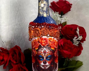 Decoupage Wine Bottle: Goth Sugar Skull, Roses, Rhinestones, Dia de los Muertos, Day of the Dead Decor