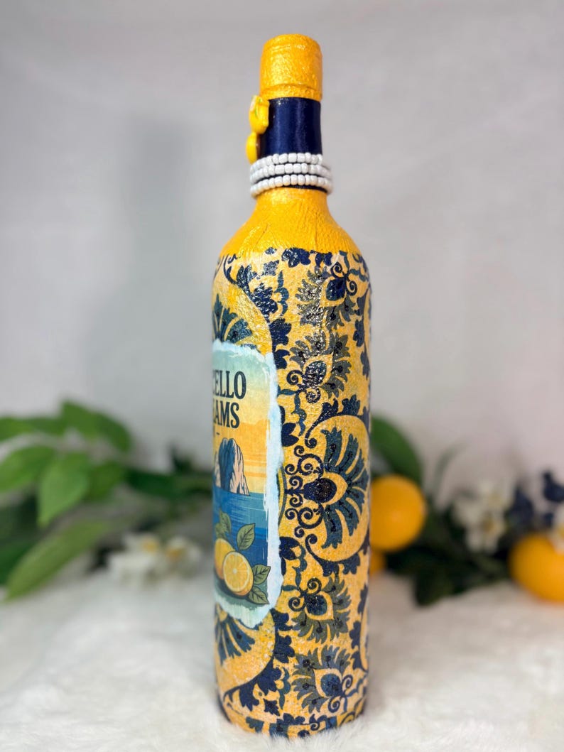 Decoupage Wine Bottle: Amalfi Coast Italian Art, Limoncello, Positano, Sorrento, Aperitivo Spritz, Island of Capri Home Decor, Vase image 4