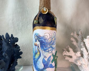 Decoupage Wine Bottle: Nautical Coastal, Seaside Siren, Mermaid Home Decor | Bar Decoration | Vase