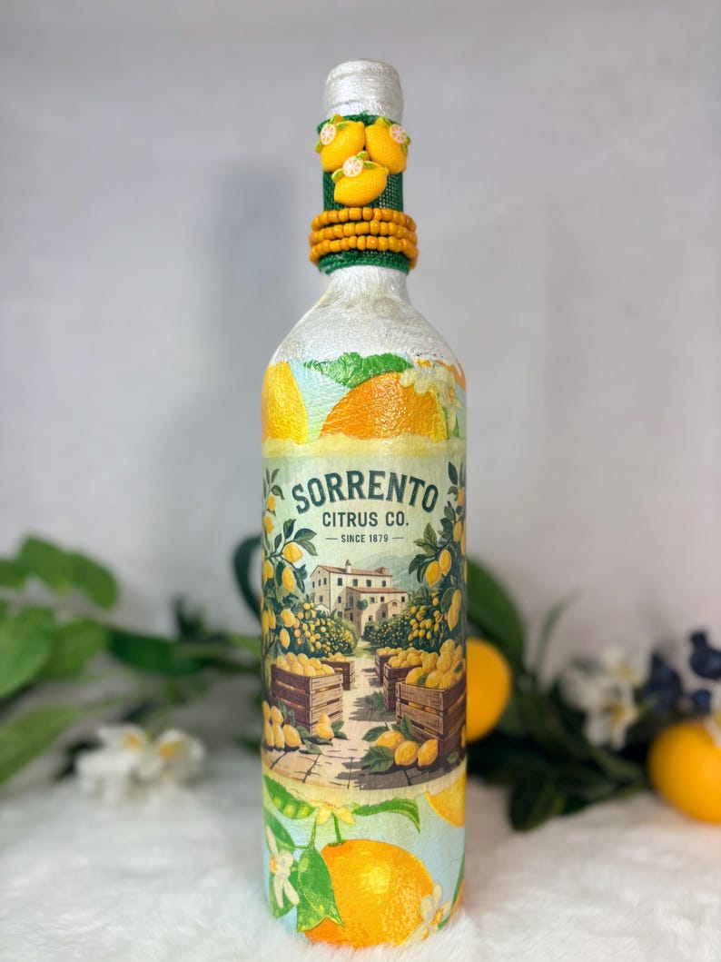 Decoupage Wine Bottle: Amalfi Coast Italian Art, Limoncello, Positano, Sorrento, Aperitivo Spritz, Island of Capri Home Decor, Vase Sorrento