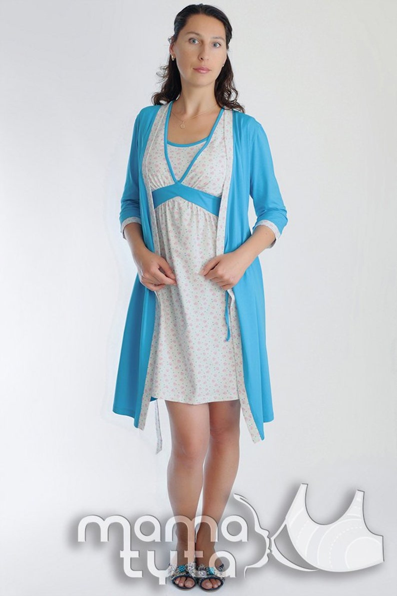 Kris maternity robe /& nightie Breastfeeding set Labor delivery gown Blue hospital robe Nursing nightie Blue birthing gown Pregnancy gown