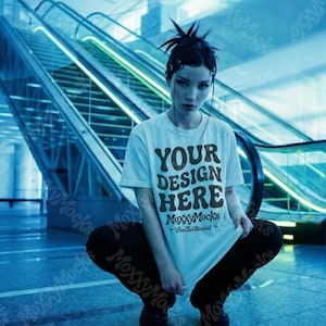 May include: A person wearing a white t-shirt with the text "YOUR DESIGN HERE" in brown letters, squatting in front of an escalator. The background is a modern building with blue lighting.