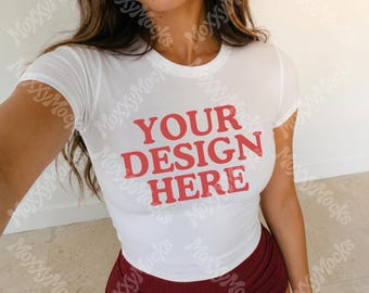 Bella Canvas Baby Tee Mockup, White Bella Canvas 1010 Cropped Baby Tee Mockup, Selfie BC1010 Baby Tee Y2K Mockups, Crop Top Lifestyle Mockup