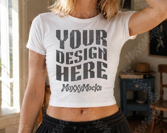 White Bella Canvas 1010 Mockup, Y2K Baby Tee Mockups, Bella Canvas BC1010 Crop T-Shirt Mockup, Streetwear Crop Top Lifestyle Image Mockup