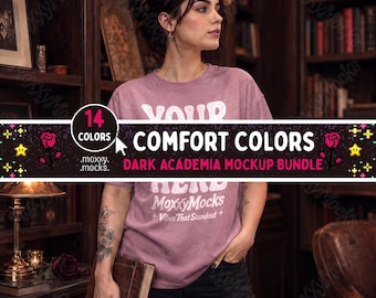 Dark Academia Comfort Colors 1717 Mockup Bundle, 14 Colors, Dark Romance Book Lover T-Shirt Mockups