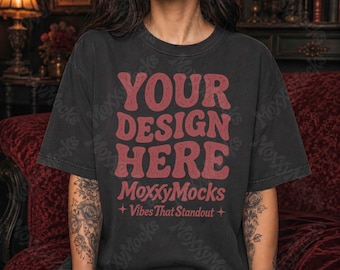 Dark Romance Black T-Shirt Mockup, Gothic Comfort Colors 1717 Mockup, Dark Academia Witchy Vibes Model Mockups, Whimsy Moody Bookish CC1717