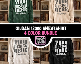 Bookish Gildan 18000 Sweatshirt Mockup Bundle, Book Lover Oversized Gildan Sweatshirt Mockup Cozy Reading Cottagecore G18000 Sweater Mockups