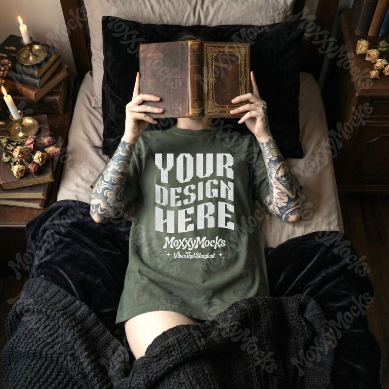 Moss Bookish T-Shirt Mockup Bundle Comfort Colors 1717, Reading Book Lover Flat Lay Mockup Pack, Witch 1717 Shirt Mockup, Dark Academia Mockups