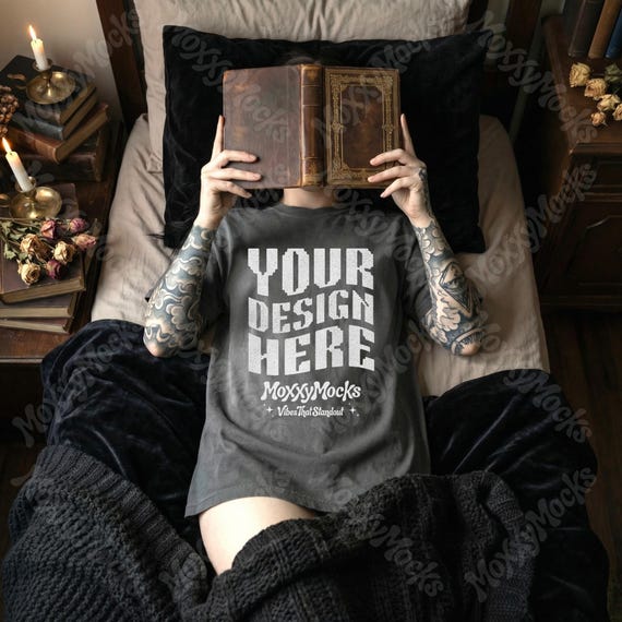 Gothic Dark Academia T-Shirt Mockup Bundle Comfort Colors 1717, Bookish Reading, Book Lover Flat Lay Mockup Pack, Witchy Goth Tattoo Model