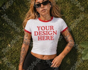 Ringer Tee Mockup Bundle | Womens Cropped Ringer Tee Shirt Mockup, Vintage 70s Ringer Tshirt, Cropped Fitted Tee, Y2k Baby Tee Ringer Mockup
