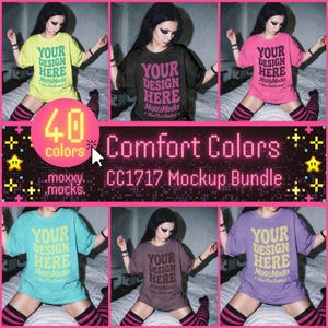 May include: A digital mockup bundle featuring six short-sleeve t-shirts in various colors including lime green, black, pink, teal, brown, and purple. Each shirt displays the text YOUR DESIGN HERE, MoxxyMocks, and Vibes That Standout.