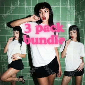 May include: A promotional image featuring three individuals, each holding a lollipop. They are wearing white t-shirts and black shorts. The text "3 pack bundle" is superimposed in pink over the image. The background is a green tiled wall.